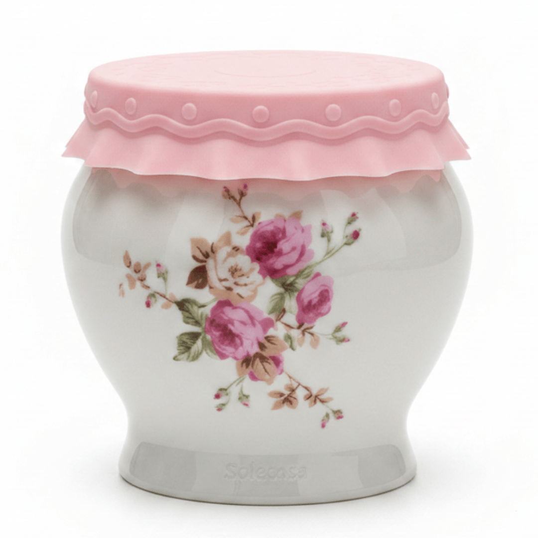Solecasa White Ceramic Honey Jar with Floral Design & Pink Silicone Lid — 300ml - Al Kabayel Discount CentreSolecasa White Ceramic Honey Jar with Floral Design & Pink Silicone Lid — 300mlJars & Food SaversSOLECASAAl Kabayel Discount Centre