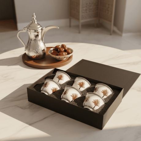 Solo 6 - Piece Ceramic Cawa Cup Set with Palm Tree Design – Premium White Finish, Arabic Coffee Serving Cups - Al Kabayel Discount CentreSolo 6 - Piece Ceramic Cawa Cup Set with Palm Tree Design – Premium White Finish, Arabic Coffee Serving CupsTea SetsSOLOAl Kabayel Discount Centre