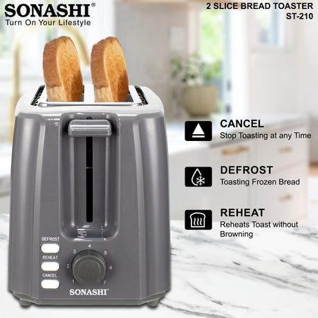 Sonashi 2 Slice Bread Toaster - Adjustable 7 Browning Control with Slide Out Crumb Tray | Defrost, Reheat and Cancel Options | Cool Touch Body for Fast Toasting 750 W ST - 210 Grey - Al Kabayel Discount CentreSonashi 2 Slice Bread Toaster - Adjustable 7 Browning Control with Slide Out Crumb Tray | Defrost, Reheat and Cancel Options | Cool Touch Body for Fast Toasting 750 W ST - 210 GreyToastersSONASHIAl Kabayel Discount Centre