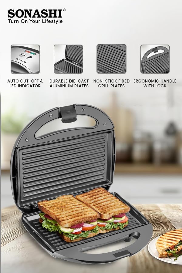 Sonashi 2 Slice Non - Stick Sandwich Grill SGT - 853N – Stainless Steel Sandwich Maker with Handle Locking System, Indicator Light, Overheat Protection | Kitchen Appliances - Al Kabayel Discount CentreSonashi 2 Slice Non - Stick Sandwich Grill SGT - 853N – Stainless Steel Sandwich Maker with Handle Locking System, Indicator Light, Overheat Protection | Kitchen AppliancesElectric Griddles & GrillsSONASHIAl Kabayel Discount Centre