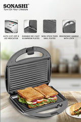 Sonashi 2 Slice Non - Stick Sandwich Grill SGT - 853N – Stainless Steel Sandwich Maker with Handle Locking System, Indicator Light, Overheat Protection | Kitchen Appliances - Al Kabayel Discount CentreSonashi 2 Slice Non - Stick Sandwich Grill SGT - 853N – Stainless Steel Sandwich Maker with Handle Locking System, Indicator Light, Overheat Protection | Kitchen AppliancesElectric Griddles & GrillsSONASHIAl Kabayel Discount Centre