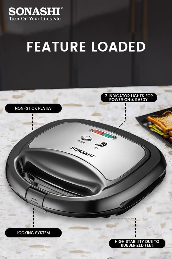 Sonashi 2 Slice Non - Stick Sandwich Grill SGT - 853N – Stainless Steel Sandwich Maker with Handle Locking System, Indicator Light, Overheat Protection | Kitchen Appliances - Al Kabayel Discount CentreSonashi 2 Slice Non - Stick Sandwich Grill SGT - 853N – Stainless Steel Sandwich Maker with Handle Locking System, Indicator Light, Overheat Protection | Kitchen AppliancesElectric Griddles & GrillsSONASHIAl Kabayel Discount Centre