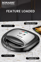 Sonashi 2 Slice Non - Stick Sandwich Grill SGT - 853N – Stainless Steel Sandwich Maker with Handle Locking System, Indicator Light, Overheat Protection | Kitchen Appliances - Al Kabayel Discount CentreSonashi 2 Slice Non - Stick Sandwich Grill SGT - 853N – Stainless Steel Sandwich Maker with Handle Locking System, Indicator Light, Overheat Protection | Kitchen AppliancesElectric Griddles & GrillsSONASHIAl Kabayel Discount Centre
