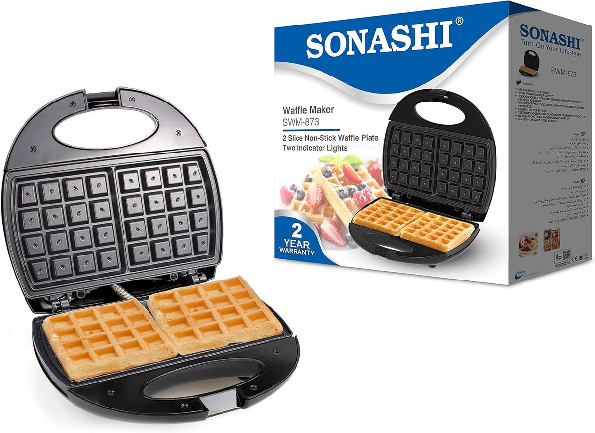 Sonashi 2 - Slice Waffle Maker [Black - Silver] SWM - 873 - 750W, Class I Non - Stick Waffle Maker Machine w/Cool Touch Body, Handle Lock, Indicator Lights | Kitchen Appliances - Al Kabayel Discount CentreSonashi 2 - Slice Waffle Maker [Black - Silver] SWM - 873 - 750W, Class I Non - Stick Waffle Maker Machine w/Cool Touch Body, Handle Lock, Indicator Lights | Kitchen AppliancesElectric Griddles & GrillsSONASHIAl Kabayel Discount Centre