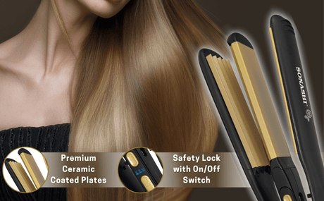 Sonashi 2in1 Hair Straightener & Crimper with Ceramic Coating Plates, Crimper Plate for Creating Waves, Temperature Control & LED Indicator, Versatile Straightening, Hair Iron 70W SHS - 2082 Black/Gold - Al Kabayel Discount CentreSonashi 2in1 Hair Straightener & Crimper with Ceramic Coating Plates, Crimper Plate for Creating Waves, Temperature Control & LED Indicator, Versatile Straightening, Hair Iron 70W SHS - 2082 Black/GoldHair StraightenerSONASHIAl Kabayel Discount Centre