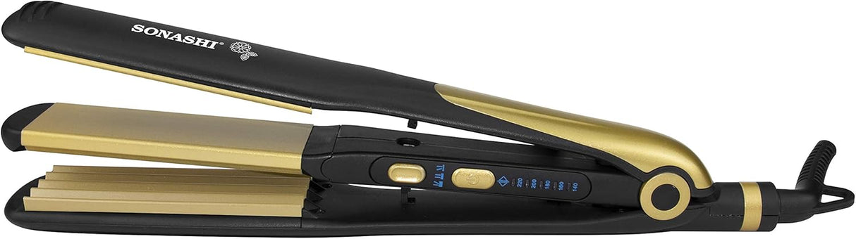 Sonashi 2in1 Hair Straightener & Crimper with Ceramic Coating Plates, Crimper Plate for Creating Waves, Temperature Control & LED Indicator, Versatile Straightening, Hair Iron 70W SHS - 2082 Black/Gold - Al Kabayel Discount CentreSonashi 2in1 Hair Straightener & Crimper with Ceramic Coating Plates, Crimper Plate for Creating Waves, Temperature Control & LED Indicator, Versatile Straightening, Hair Iron 70W SHS - 2082 Black/GoldHair StraightenerSONASHIAl Kabayel Discount Centre