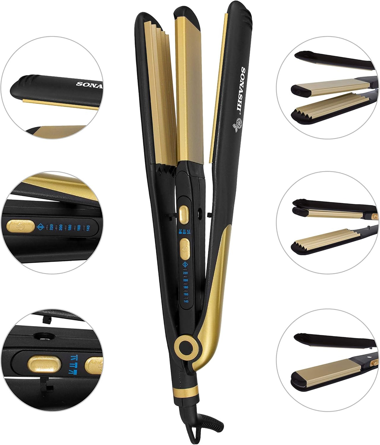 Sonashi 2in1 Hair Straightener & Crimper with Ceramic Coating Plates, Crimper Plate for Creating Waves, Temperature Control & LED Indicator, Versatile Straightening, Hair Iron 70W SHS - 2082 Black/Gold - Al Kabayel Discount CentreSonashi 2in1 Hair Straightener & Crimper with Ceramic Coating Plates, Crimper Plate for Creating Waves, Temperature Control & LED Indicator, Versatile Straightening, Hair Iron 70W SHS - 2082 Black/GoldHair StraightenerSONASHIAl Kabayel Discount Centre