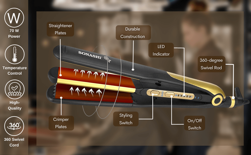 Sonashi 2in1 Hair Straightener & Crimper with Ceramic Coating Plates, Crimper Plate for Creating Waves, Temperature Control & LED Indicator, Versatile Straightening, Hair Iron 70W SHS - 2082 Black/Gold - Al Kabayel Discount CentreSonashi 2in1 Hair Straightener & Crimper with Ceramic Coating Plates, Crimper Plate for Creating Waves, Temperature Control & LED Indicator, Versatile Straightening, Hair Iron 70W SHS - 2082 Black/GoldHair StraightenerSONASHIAl Kabayel Discount Centre