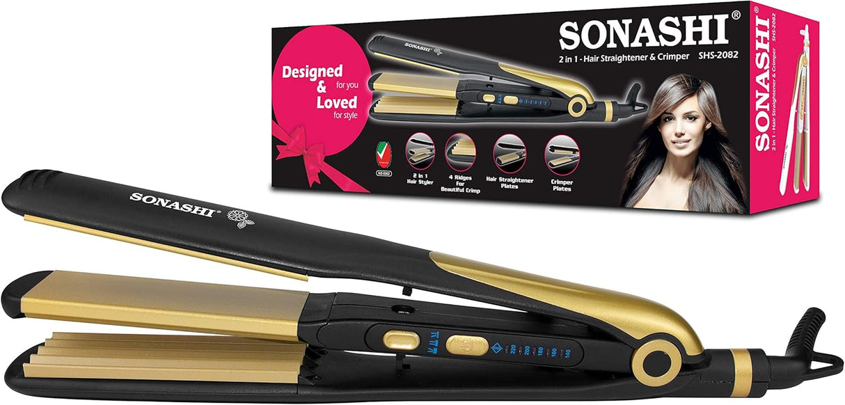 Sonashi 2in1 Hair Straightener & Crimper with Ceramic Coating Plates, Crimper Plate for Creating Waves, Temperature Control & LED Indicator, Versatile Straightening, Hair Iron 70W SHS - 2082 Black/Gold - Al Kabayel Discount CentreSonashi 2in1 Hair Straightener & Crimper with Ceramic Coating Plates, Crimper Plate for Creating Waves, Temperature Control & LED Indicator, Versatile Straightening, Hair Iron 70W SHS - 2082 Black/GoldHair StraightenerSONASHIAl Kabayel Discount Centre
