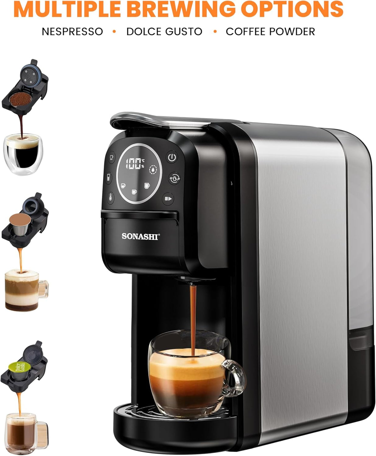 Sonashi 3 in 1 Multi - Capsule Coffee Machine, 1400W Coffee Maker with 700ML Detachable Water Tank, Touch Control Panel, Self - Cleaning Function, SCM - 4984 Black/Grey - Al Kabayel Discount CentreSonashi 3 in 1 Multi - Capsule Coffee Machine, 1400W Coffee Maker with 700ML Detachable Water Tank, Touch Control Panel, Self - Cleaning Function, SCM - 4984 Black/GreyCoffee MakersSONASHIAl Kabayel Discount Centre