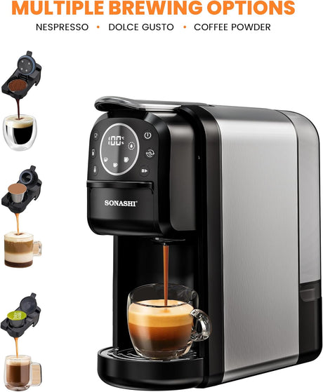 Sonashi 3 in 1 Multi - Capsule Coffee Machine, 1400W Coffee Maker with 700ML Detachable Water Tank, Touch Control Panel, Self - Cleaning Function, SCM - 4984 Black/Grey - Al Kabayel Discount CentreSonashi 3 in 1 Multi - Capsule Coffee Machine, 1400W Coffee Maker with 700ML Detachable Water Tank, Touch Control Panel, Self - Cleaning Function, SCM - 4984 Black/GreyCoffee MakersSONASHIAl Kabayel Discount Centre