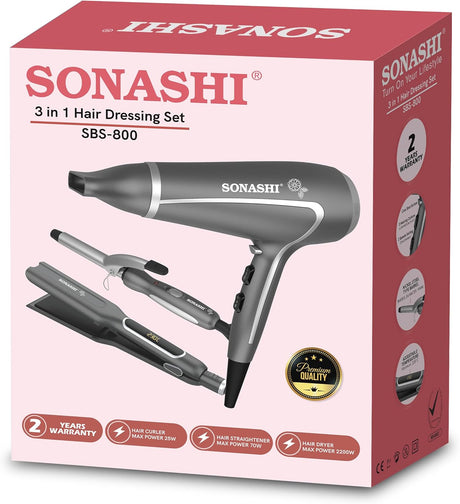 Sonashi 3 in1 Hair Dressing Set With Hair Dryer Hair Straightener And Hair Curler Featured With Ceramic Plates Wet And Dry Function Light Indicator 360 Swivel SBS - 800 Grey - Al Kabayel Discount CentreSonashi 3 in1 Hair Dressing Set With Hair Dryer Hair Straightener And Hair Curler Featured With Ceramic Plates Wet And Dry Function Light Indicator 360 Swivel SBS - 800 GreyPersonal Care & Styling ToolsSONASHIAl Kabayel Discount Centre