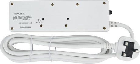 SONASHI 3 Way Extension Socket, 3M Cable SES - 803 White - Al Kabayel Discount CentreSONASHI 3 Way Extension Socket, 3M Cable SES - 803 WhiteCords & AdaptersSONASHIAl Kabayel Discount Centre