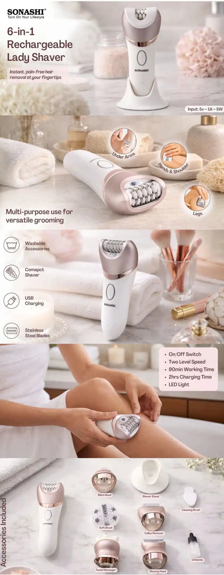 Sonashi 6 In 1 Rechargeable Lady Shaver SLD - 825 - Al Kabayel Discount CentreSonashi 6 In 1 Rechargeable Lady Shaver SLD - 825Personal Care & Styling ToolsSONASHIAl Kabayel Discount Centre