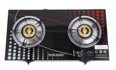 Sonashi Double Burner Gas Stove with Durable 7MM Toughened Safety Glass and Piezo Ignition System, LPG with Low Gas Consumption and Maximum Power, SGB - 205G black - Al Kabayel Discount CentreSonashi Double Burner Gas Stove with Durable 7MM Toughened Safety Glass and Piezo Ignition System, LPG with Low Gas Consumption and Maximum Power, SGB - 205G blackCooktopsSONASHIAl Kabayel Discount Centre