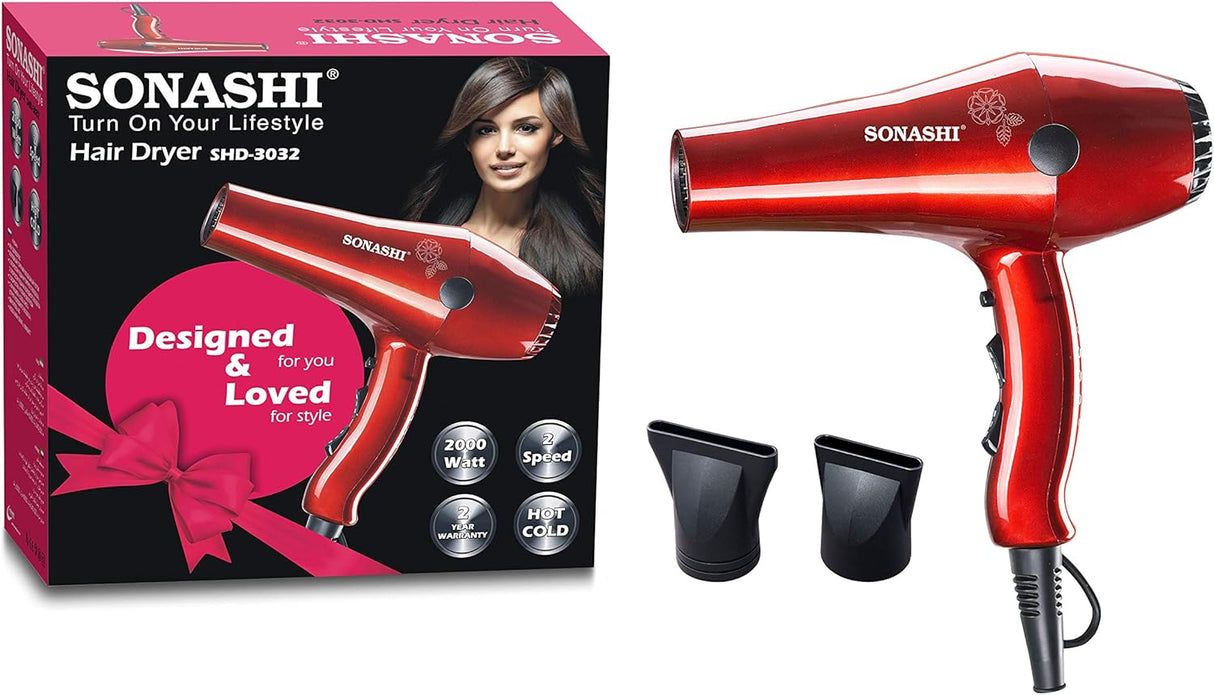 Sonashi Hair Dryer with Cold Hot Wind, 2 Heat and Airflow Settings, With Cool Shot and AC Motor, Nozzle for Fast Drying & Smooth Finish, Lightweight Design, For All Hair Types, 2000W SHD - 3032 Red - Al Kabayel Discount CentreSonashi Hair Dryer with Cold Hot Wind, 2 Heat and Airflow Settings, With Cool Shot and AC Motor, Nozzle for Fast Drying & Smooth Finish, Lightweight Design, For All Hair Types, 2000W SHD - 3032 RedHair DryerSONASHIAl Kabayel Discount Centre