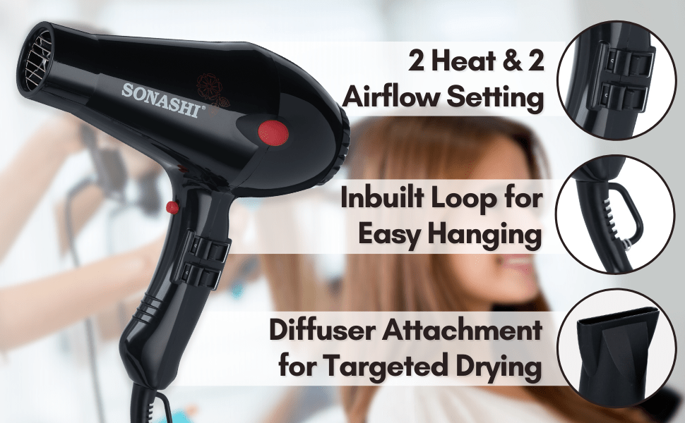 Sonashi Hair Dryer with Diffuser, Cold Hot Wind, 2 Heat and Airflow Settings, With Cool Shot, Diffuser, Nozzle for Fast Drying & Smooth Finish, Lightweight, For All Hair Types, 2000W SHD - 3013 Black - Al Kabayel Discount CentreSonashi Hair Dryer with Diffuser, Cold Hot Wind, 2 Heat and Airflow Settings, With Cool Shot, Diffuser, Nozzle for Fast Drying & Smooth Finish, Lightweight, For All Hair Types, 2000W SHD - 3013 BlackHair DryerSONASHIAl Kabayel Discount Centre
