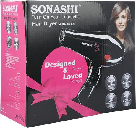 Sonashi Hair Dryer with Diffuser, Cold Hot Wind, 2 Heat and Airflow Settings, With Cool Shot, Diffuser, Nozzle for Fast Drying & Smooth Finish, Lightweight, For All Hair Types, 2000W SHD - 3013 Black - Al Kabayel Discount CentreSonashi Hair Dryer with Diffuser, Cold Hot Wind, 2 Heat and Airflow Settings, With Cool Shot, Diffuser, Nozzle for Fast Drying & Smooth Finish, Lightweight, For All Hair Types, 2000W SHD - 3013 BlackHair DryerSONASHIAl Kabayel Discount Centre