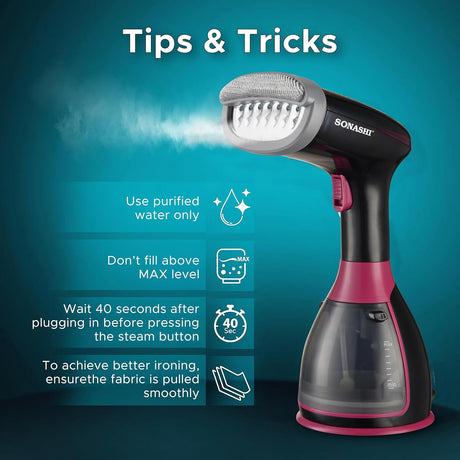 Sonashi Handheld Garment Steamer, 280ML Detachable Water Tank Capacity, Steam Rate of 25 - 30G/Min, Steam Lock, Compact Design, Versatile Accessories, Portable Steamer 1500W SGS - 327 Black/Purple - Al Kabayel Discount CentreSonashi Handheld Garment Steamer, 280ML Detachable Water Tank Capacity, Steam Rate of 25 - 30G/Min, Steam Lock, Compact Design, Versatile Accessories, Portable Steamer 1500W SGS - 327 Black/PurpleIrons & SteamersSONASHIAl Kabayel Discount Centre