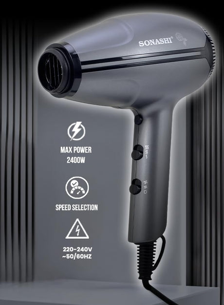 Sonashi Professional Hair Dryer With 2 Speed And 3 Heat Settings | Powerful Blow Dryer, Ionic Technology, Cool Shot Function, Lightweight And Stylish Design | Overheat Protection | SHD - 5009 Grey 2400W - Al Kabayel Discount CentreSonashi Professional Hair Dryer With 2 Speed And 3 Heat Settings | Powerful Blow Dryer, Ionic Technology, Cool Shot Function, Lightweight And Stylish Design | Overheat Protection | SHD - 5009 Grey 2400WHair DryerSONASHIAl Kabayel Discount Centre