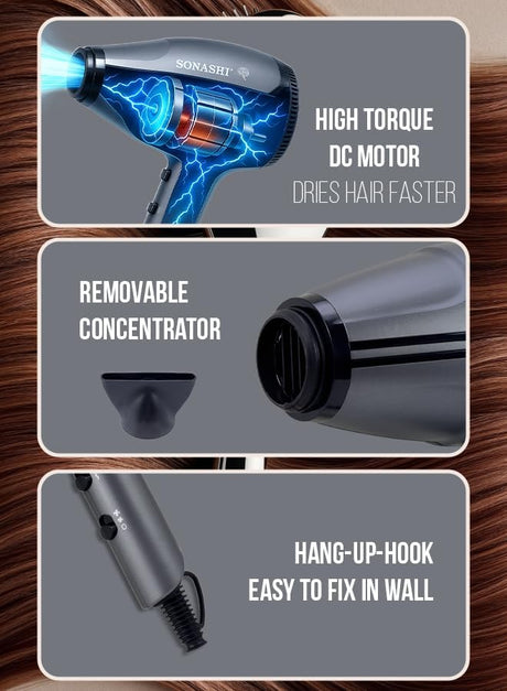Sonashi Professional Hair Dryer With 2 Speed And 3 Heat Settings | Powerful Blow Dryer, Ionic Technology, Cool Shot Function, Lightweight And Stylish Design | Overheat Protection | SHD - 5009 Grey 2400W - Al Kabayel Discount CentreSonashi Professional Hair Dryer With 2 Speed And 3 Heat Settings | Powerful Blow Dryer, Ionic Technology, Cool Shot Function, Lightweight And Stylish Design | Overheat Protection | SHD - 5009 Grey 2400WHair DryerSONASHIAl Kabayel Discount Centre