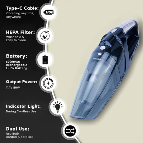 Sonashi Rechargeable Vacuum Cleaner Portable Design With Wet & Dry Functionality, With HEPA Filter & Easy Charging Slots, Continuous Working Of 22 Min, Perfect Hoover For Home & Car 80 W SRVC - 9037 - Al Kabayel Discount CentreSonashi Rechargeable Vacuum Cleaner Portable Design With Wet & Dry Functionality, With HEPA Filter & Easy Charging Slots, Continuous Working Of 22 Min, Perfect Hoover For Home & Car 80 W SRVC - 9037Vacuum CleanersSONASHIAl Kabayel Discount Centre