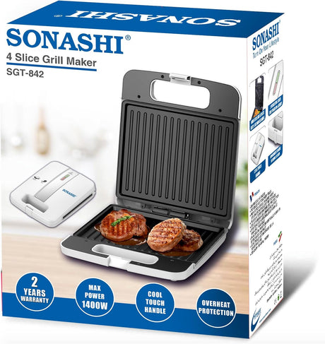 SONASHI SGT - 842 4 Slice Grill Maker – [White] Sandwich Maker with Non Stick Grill Plate, Light Indicator, Handle Locking System| Electric Kitchen Appliances - Al Kabayel Discount CentreSONASHI SGT - 842 4 Slice Grill Maker – [White] Sandwich Maker with Non Stick Grill Plate, Light Indicator, Handle Locking System| Electric Kitchen AppliancesElectric Griddles & GrillsSONASHIAl Kabayel Discount Centre