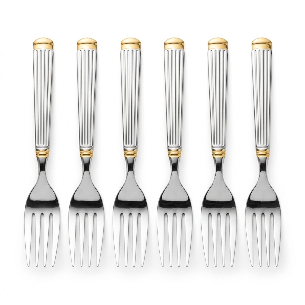 Stainless Steel Fork Set of 6 – 20cm Silver & Gold Accent - Al Kabayel Discount CentreStainless Steel Fork Set of 6 – 20cm Silver & Gold AccentForkAKDCAl Kabayel Discount Centre