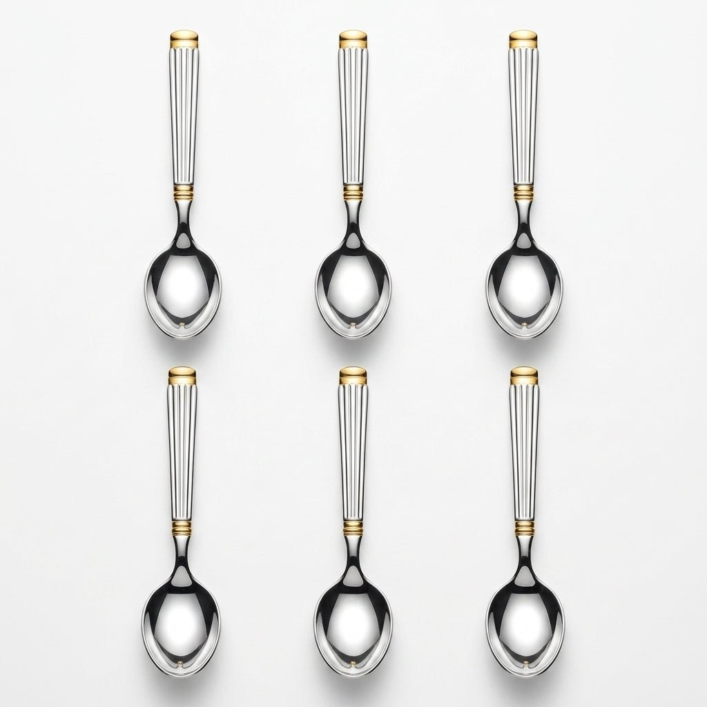Stainless Steel Spoon Set of 6 – 15cm Silver & Gold Accent - Al Kabayel Discount CentreStainless Steel Spoon Set of 6 – 15cm Silver & Gold AccentSpoonsAKDCAl Kabayel Discount Centre