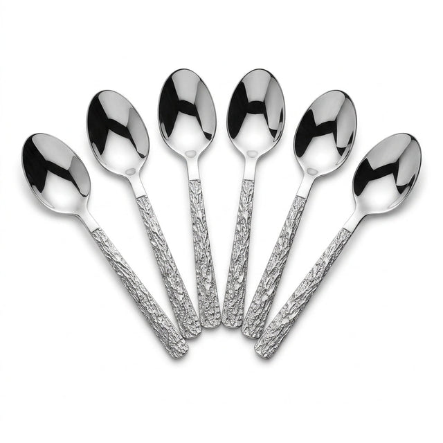 Stainless Steel Spoon Set of 6 - 15cm Silver Textured Handle - Al Kabayel Discount CentreStainless Steel Spoon Set of 6 - 15cm Silver Textured HandleSpoonsAKDCAl Kabayel Discount Centre