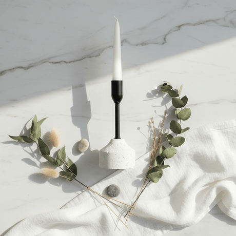 Stylish Black Metal Candle Holder with White Chalk Base for Modern Interiors – 17cm - Al Kabayel Discount CentreStylish Black Metal Candle Holder with White Chalk Base for Modern Interiors – 17cmHome Décor AccentsAKDCAl Kabayel Discount Centre