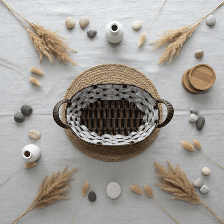 Stylish Grey & Brown Oval Rattan Utility Basket with Comfortable Handle for Storage Display and Organizing 31×24 cm - Al Kabayel Discount CentreStylish Grey & Brown Oval Rattan Utility Basket with Comfortable Handle for Storage Display and Organizing 31×24 cmRattanAKDCAl Kabayel Discount Centre