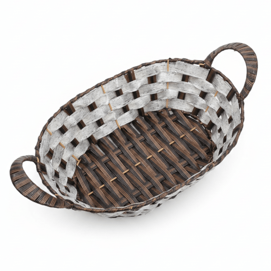 Stylish Grey & Brown Oval Rattan Utility Basket with Comfortable Handle for Storage Display and Organizing 31×24 cm - Al Kabayel Discount CentreStylish Grey & Brown Oval Rattan Utility Basket with Comfortable Handle for Storage Display and Organizing 31×24 cmRattanAKDCAl Kabayel Discount Centre