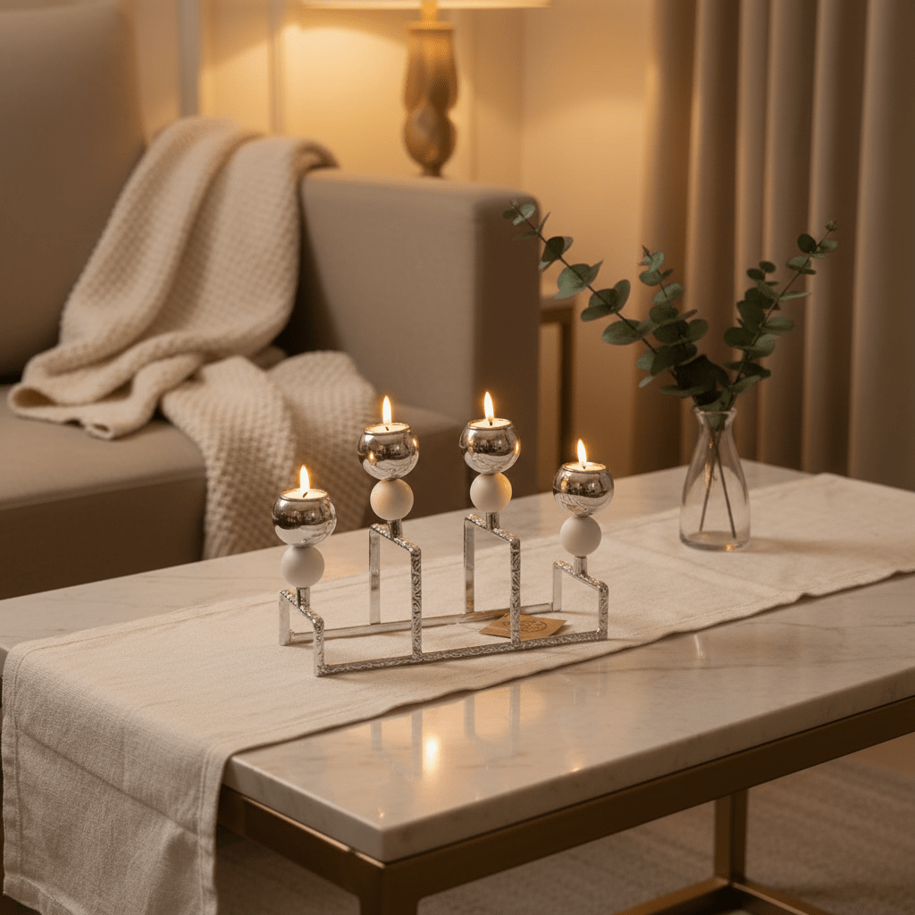 Stylish Silver & White Metal 4 Way Candle Holder Stand for Modern Interior Decoration – 20cm - Al Kabayel Discount CentreStylish Silver & White Metal 4 Way Candle Holder Stand for Modern Interior Decoration – 20cmHome Décor AccentsAKDCAl Kabayel Discount Centre