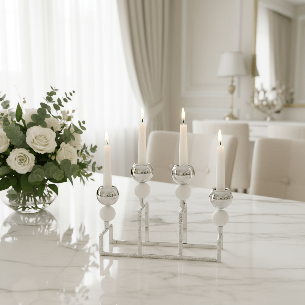 Stylish Silver & White Metal 4 Way Candle Holder Stand for Modern Interior Decoration – 20cm - Al Kabayel Discount CentreStylish Silver & White Metal 4 Way Candle Holder Stand for Modern Interior Decoration – 20cmHome Décor AccentsAKDCAl Kabayel Discount Centre