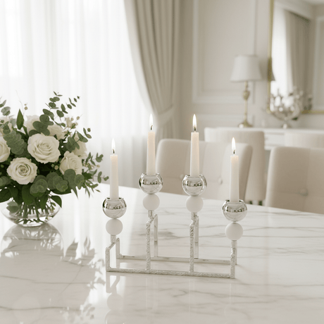Stylish Silver & White Metal 4 Way Candle Holder Stand for Modern Interior Decoration – 20cm - Al Kabayel Discount CentreStylish Silver & White Metal 4 Way Candle Holder Stand for Modern Interior Decoration – 20cmHome Décor AccentsAKDCAl Kabayel Discount Centre