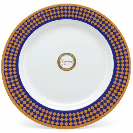 Supreme Round White Melamine Dessert Plate with Royal Blue & Golden Checkered Rim Design, Stylish Snack & Dessert Serving Plate – 11 Inch - Al Kabayel Discount CentreSupreme Round White Melamine Dessert Plate with Royal Blue & Golden Checkered Rim Design, Stylish Snack & Dessert Serving Plate – 11 InchPlatesSUPREMEAl Kabayel Discount Centre