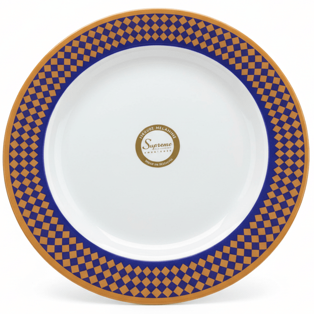 Supreme Round White Melamine Dessert Plate with Royal Blue & Golden Checkered Rim Design, Stylish Snack & Dessert Serving Plate – 11 Inch - Al Kabayel Discount CentreSupreme Round White Melamine Dessert Plate with Royal Blue & Golden Checkered Rim Design, Stylish Snack & Dessert Serving Plate – 11 InchPlatesSUPREMEAl Kabayel Discount Centre