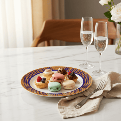 Supreme Round White Melamine Dessert Plate with Royal Blue & Golden Checkered Rim Design, Stylish Snack & Dessert Serving Plate – 11 Inch - Al Kabayel Discount CentreSupreme Round White Melamine Dessert Plate with Royal Blue & Golden Checkered Rim Design, Stylish Snack & Dessert Serving Plate – 11 InchPlatesSUPREMEAl Kabayel Discount Centre