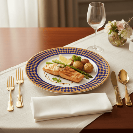 Supreme Round White Melamine Dinner Plate with Royal Blue & Golden Checkered Rim Design, Elegant & Break - Resistant Serving Plate – 11 Inch - Al Kabayel Discount CentreSupreme Round White Melamine Dinner Plate with Royal Blue & Golden Checkered Rim Design, Elegant & Break - Resistant Serving Plate – 11 InchPlatesSUPREMEAl Kabayel Discount Centre