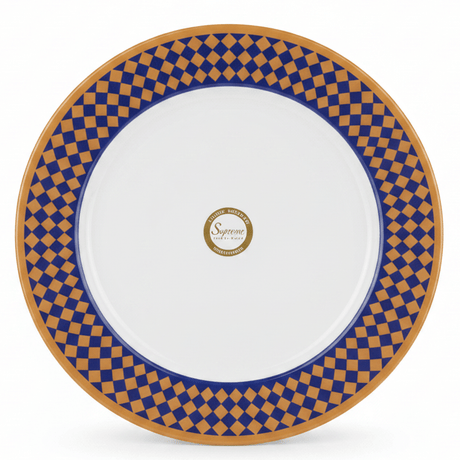 Supreme Round White Melamine Dinner Plate with Royal Blue & Golden Checkered Rim Design, Elegant & Break - Resistant Serving Plate – 11 Inch - Al Kabayel Discount CentreSupreme Round White Melamine Dinner Plate with Royal Blue & Golden Checkered Rim Design, Elegant & Break - Resistant Serving Plate – 11 InchPlatesSUPREMEAl Kabayel Discount Centre