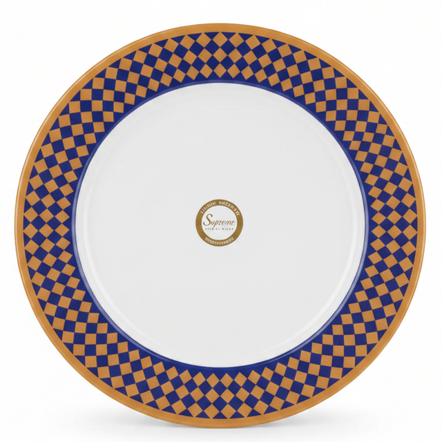 Supreme Round White Melamine Dinner Plate with Royal Blue & Golden Checkered Rim Design, Elegant & Break - Resistant Serving Plate – 11 Inch - Al Kabayel Discount CentreSupreme Round White Melamine Dinner Plate with Royal Blue & Golden Checkered Rim Design, Elegant & Break - Resistant Serving Plate – 11 InchPlatesSUPREMEAl Kabayel Discount Centre