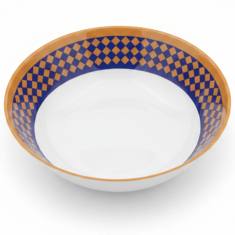 Supreme Round White Melamine Soup Bowl with Royal Blue & Golden Checkered Rim Design, Deep Serving Bowl for Soups & Curries – 11 Inch - Al Kabayel Discount CentreSupreme Round White Melamine Soup Bowl with Royal Blue & Golden Checkered Rim Design, Deep Serving Bowl for Soups & Curries – 11 InchBowlsSUPREMEAl Kabayel Discount Centre