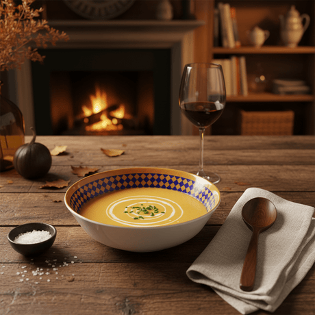 Supreme Round White Melamine Soup Bowl with Royal Blue & Golden Checkered Rim Design, Deep Serving Bowl for Soups & Curries – 11 Inch - Al Kabayel Discount CentreSupreme Round White Melamine Soup Bowl with Royal Blue & Golden Checkered Rim Design, Deep Serving Bowl for Soups & Curries – 11 InchBowlsSUPREMEAl Kabayel Discount Centre