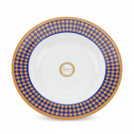 Supreme Round White Melamine Soup Plate with Royal Blue & Golden Checkered Rim Design, Durable Lightweight Tableware for Daily Dining – 8 Inch - Al Kabayel Discount CentreSupreme Round White Melamine Soup Plate with Royal Blue & Golden Checkered Rim Design, Durable Lightweight Tableware for Daily Dining – 8 InchPlatesSUPREMEAl Kabayel Discount Centre