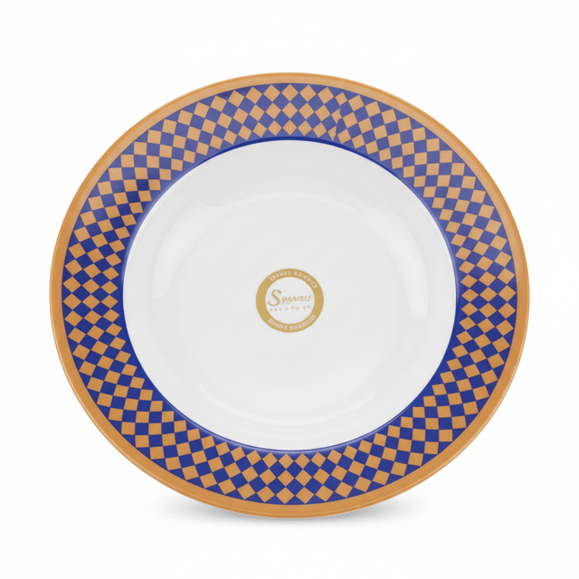 Supreme Round White Melamine Soup Plate with Royal Blue & Golden Checkered Rim Design, Durable Lightweight Tableware for Daily Dining – 8 Inch - Al Kabayel Discount CentreSupreme Round White Melamine Soup Plate with Royal Blue & Golden Checkered Rim Design, Durable Lightweight Tableware for Daily Dining – 8 InchPlatesSUPREMEAl Kabayel Discount Centre
