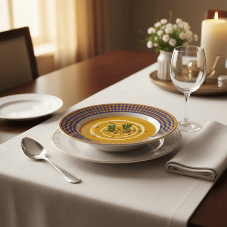 Supreme Round White Melamine Soup Plate with Royal Blue & Golden Checkered Rim Design, Durable Lightweight Tableware for Daily Dining – 8 Inch - Al Kabayel Discount CentreSupreme Round White Melamine Soup Plate with Royal Blue & Golden Checkered Rim Design, Durable Lightweight Tableware for Daily Dining – 8 InchPlatesSUPREMEAl Kabayel Discount Centre