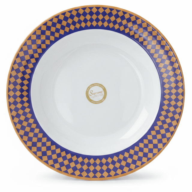 Supreme Round White Melamine Soup Plate with Royal Blue & Golden Checkered Rim Design, Premium Quality Food Serving Plate – 10 Inch - Al Kabayel Discount CentreSupreme Round White Melamine Soup Plate with Royal Blue & Golden Checkered Rim Design, Premium Quality Food Serving Plate – 10 InchPlatesSUPREMEAl Kabayel Discount Centre