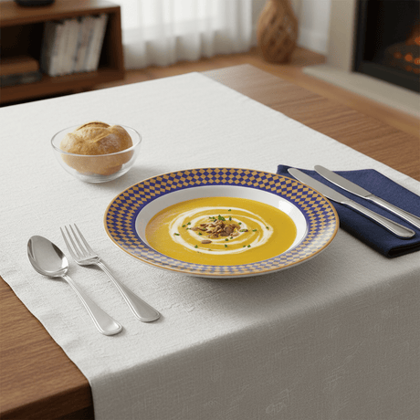 Supreme Round White Melamine Soup Plate with Royal Blue & Golden Checkered Rim Design, Premium Quality Food Serving Plate – 10 Inch - Al Kabayel Discount CentreSupreme Round White Melamine Soup Plate with Royal Blue & Golden Checkered Rim Design, Premium Quality Food Serving Plate – 10 InchPlatesSUPREMEAl Kabayel Discount Centre