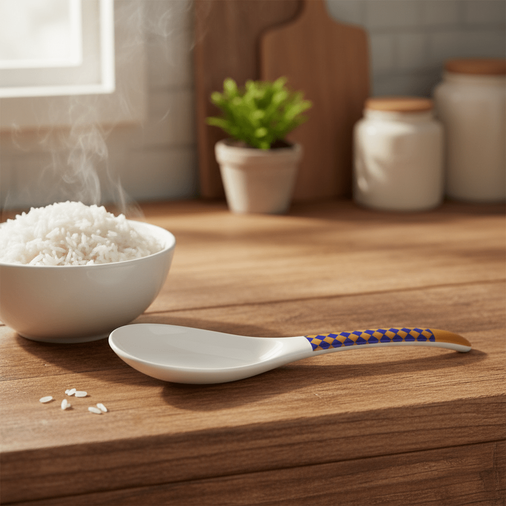 Supreme White Melamine Rice Spoon with Royal Blue & Golden Checkered Design, Durable Kitchen Serving Utensil – 8.5 Inch - Al Kabayel Discount CentreSupreme White Melamine Rice Spoon with Royal Blue & Golden Checkered Design, Durable Kitchen Serving Utensil – 8.5 InchSpatulas And SpoonsSUPREMEAl Kabayel Discount Centre